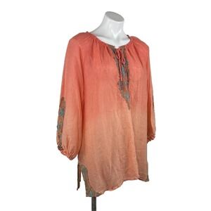 Chico's Womens 3  Orange Turquoise Lace Embroidered 100% Linen Peasant Tunic Top